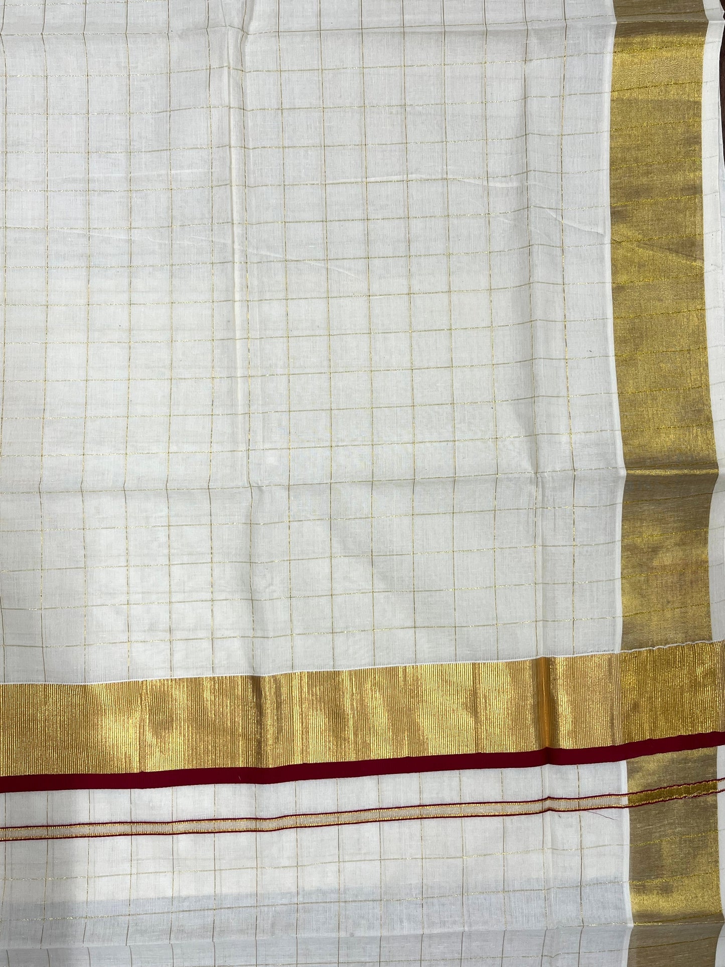 Southloom Pure Cotton  Kerala  Kasavu Woven Check Saree with Maroon Border