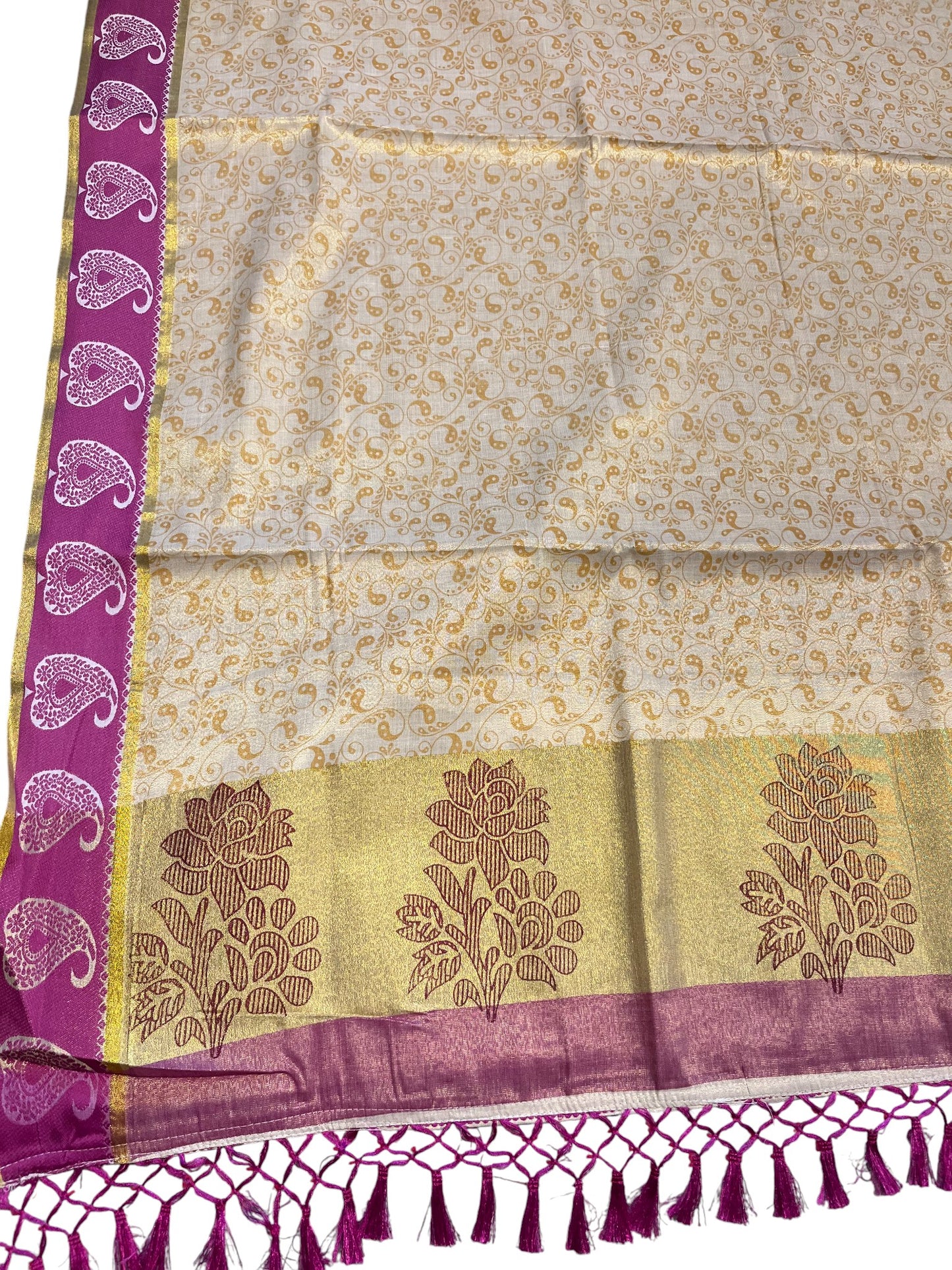 Southloom Kerala Tissue Kasavu Printed Saree with Magenta Floral Embroidery Works and Tassels