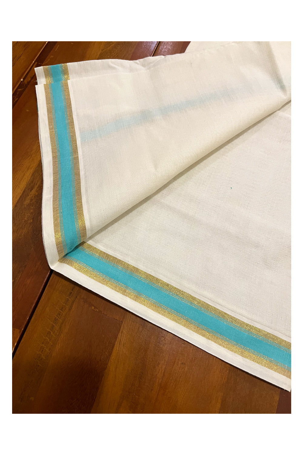 Kerala Cotton Mundum Neriyathum Single (Set Mundu) with Kasavu and Turquoise Border (Onam Set Mundu 2023)