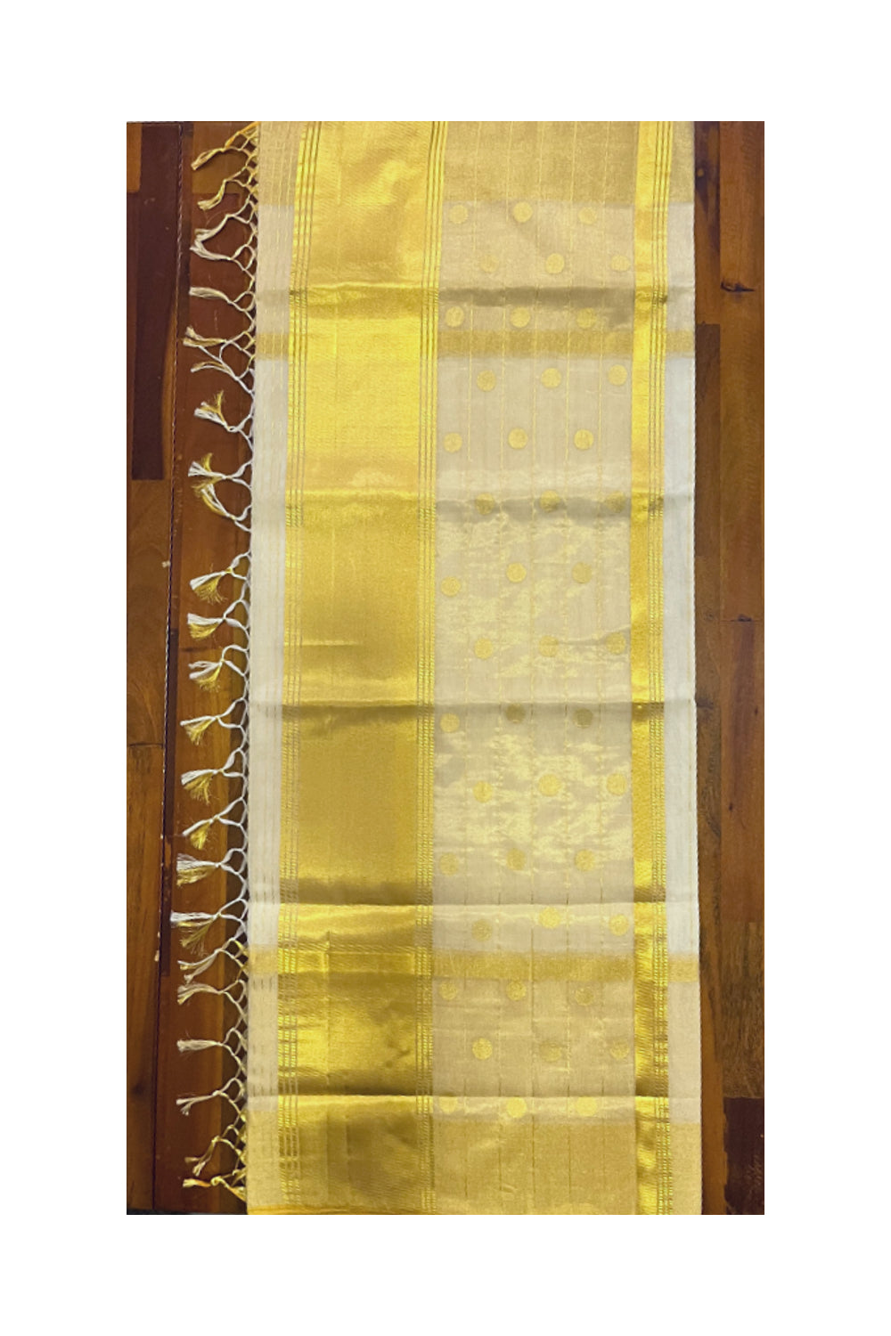 Southloom™ Premium Balaramapuram Handloom Cotton Saree with Kasavu Lines Across Body and Polka Designs on Border