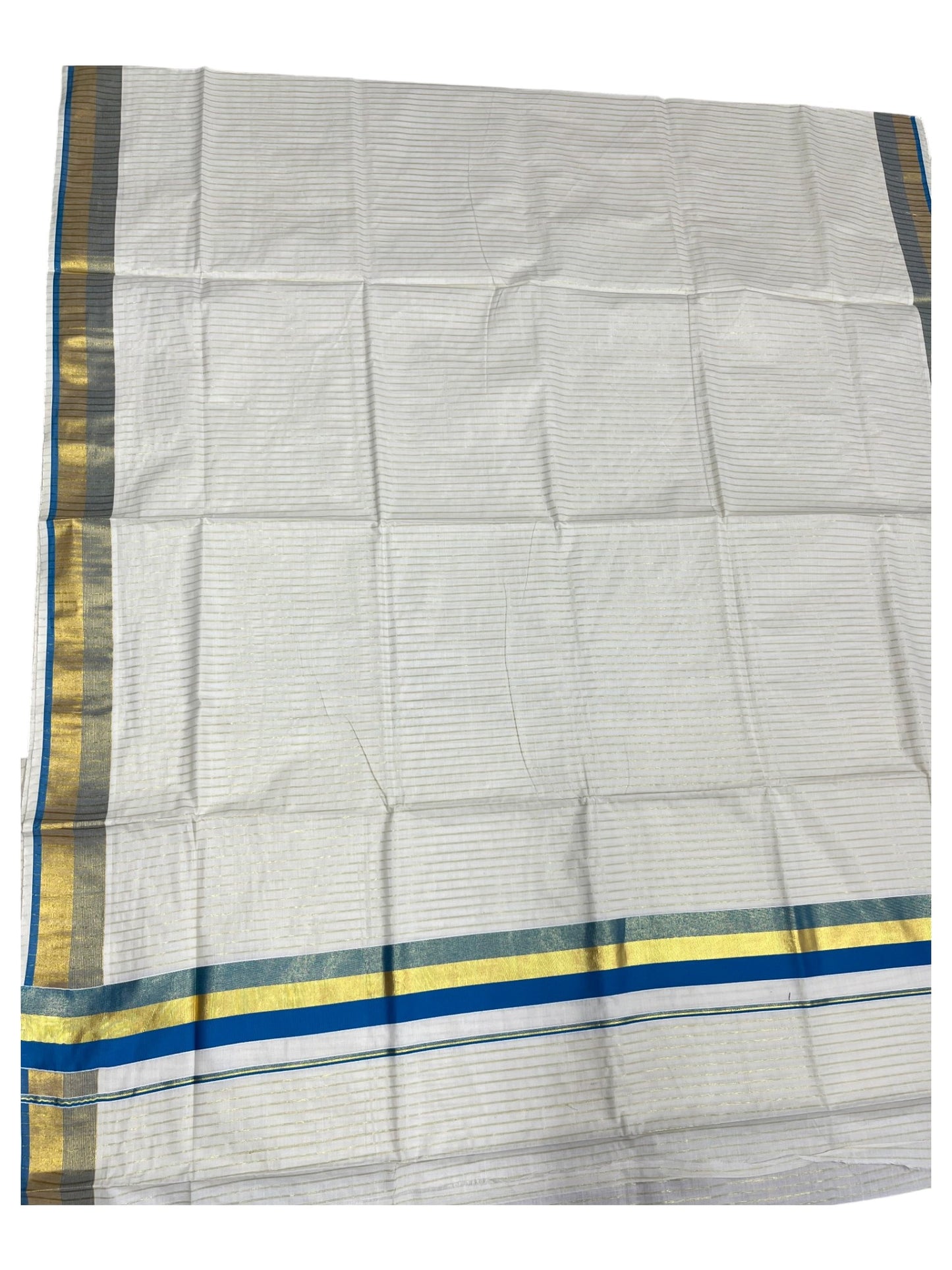 Southloom Pure Cotton Kerala Saree with Gold Kasavu Lines Across Body and Blue Border