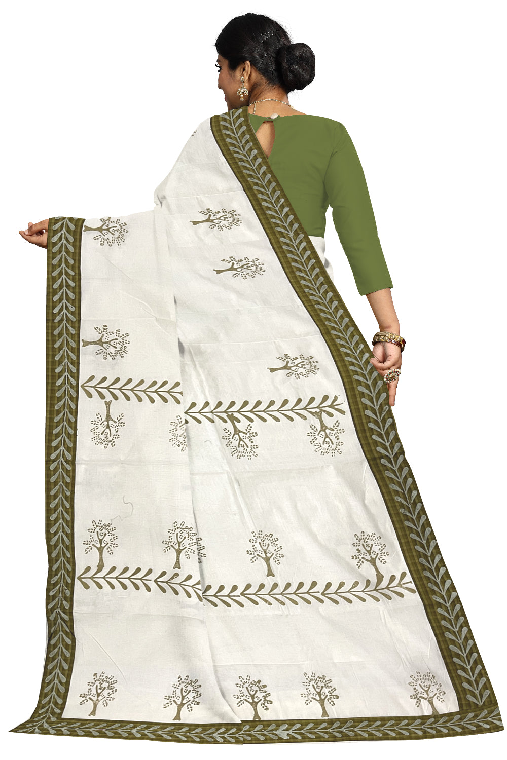 Pure Cotton Onam 2023 Kerala Saree with Hand Block Olive Green Batik Prints