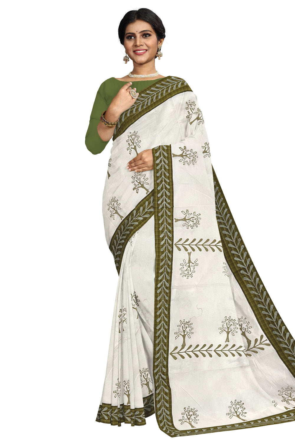 Pure Cotton Onam 2023 Kerala Saree with Hand Block Olive Green Batik Prints