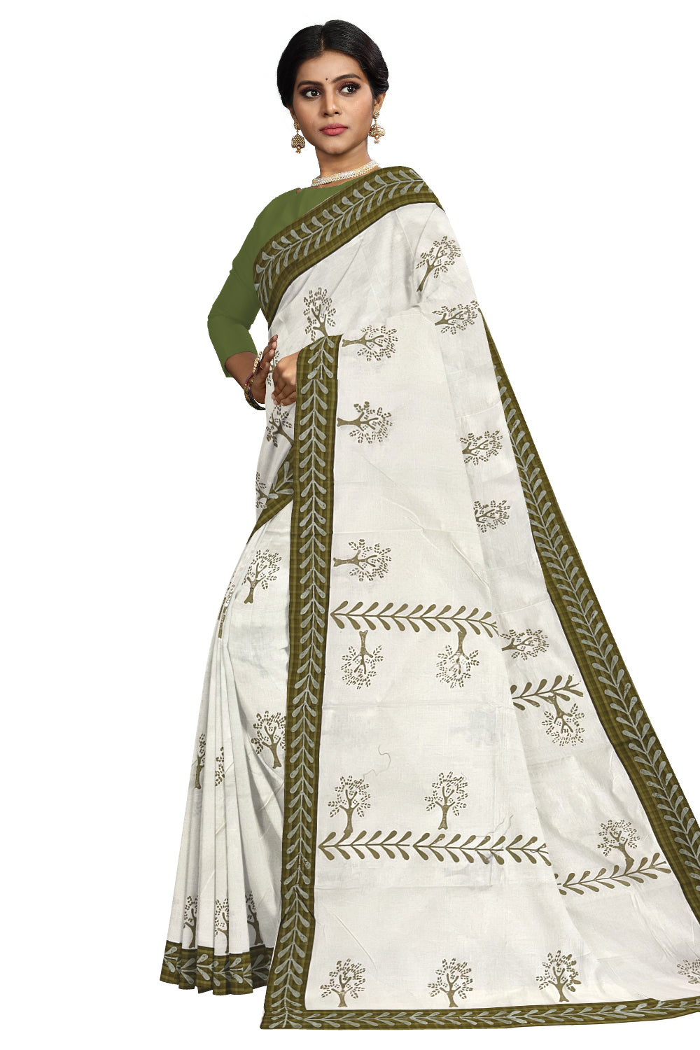 Pure Cotton Onam 2023 Kerala Saree with Hand Block Olive Green Batik Prints