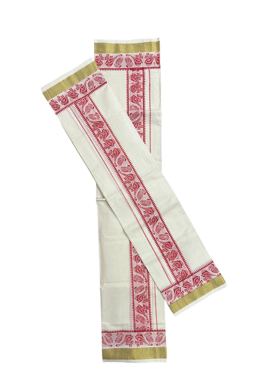 Kerala Cotton Single Set Mundu (Mundum Neriyathum) with Red Block Prints and Kasavu Border - 2.80Mtrs
