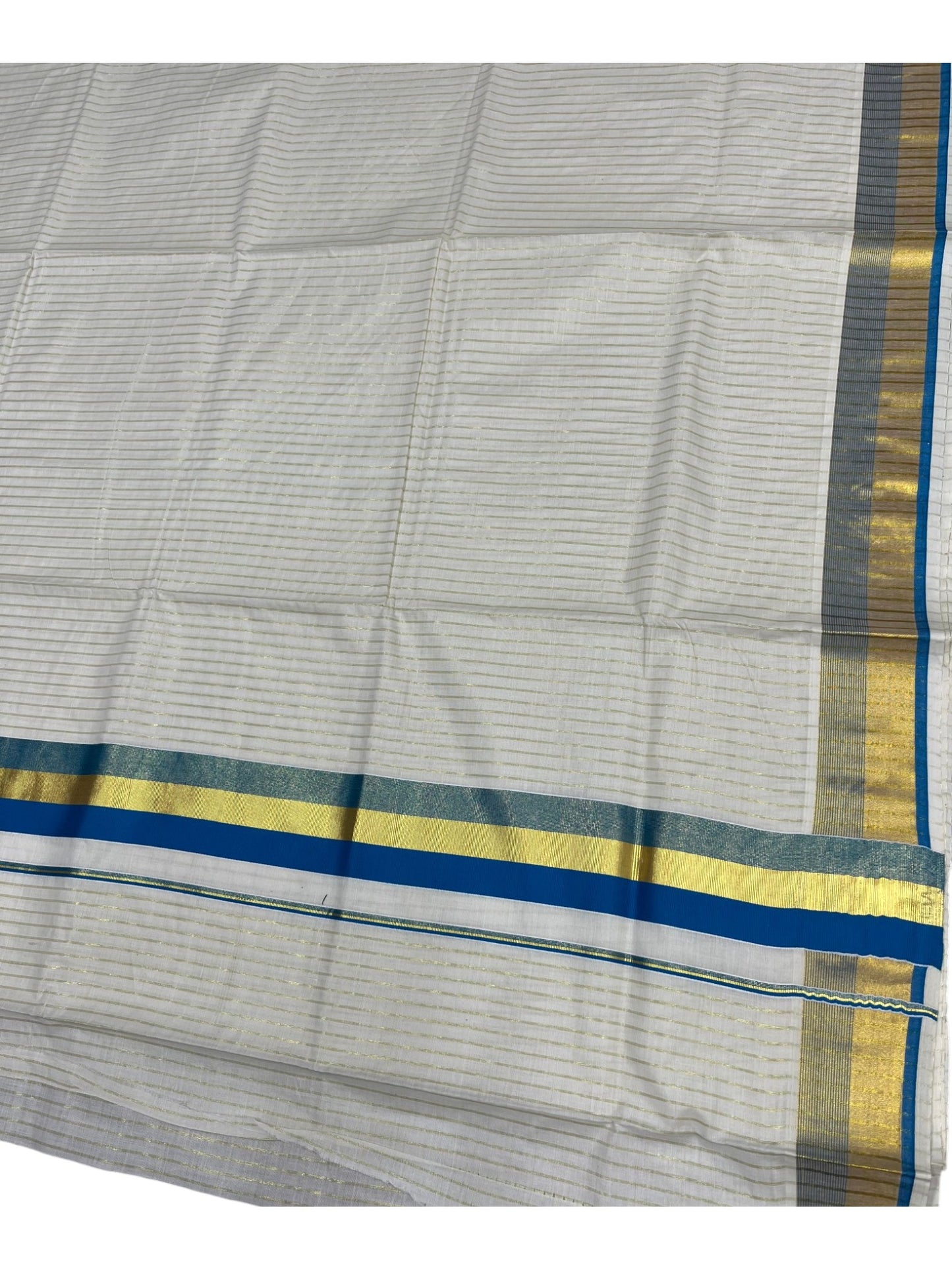 Southloom Pure Cotton Kerala Saree with Gold Kasavu Lines Across Body and Blue Border