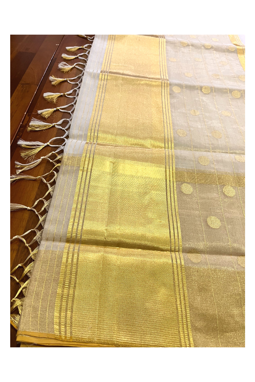 Southloom™ Premium Balaramapuram Handloom Cotton Saree with Kasavu Lines Across Body and Polka Designs on Border