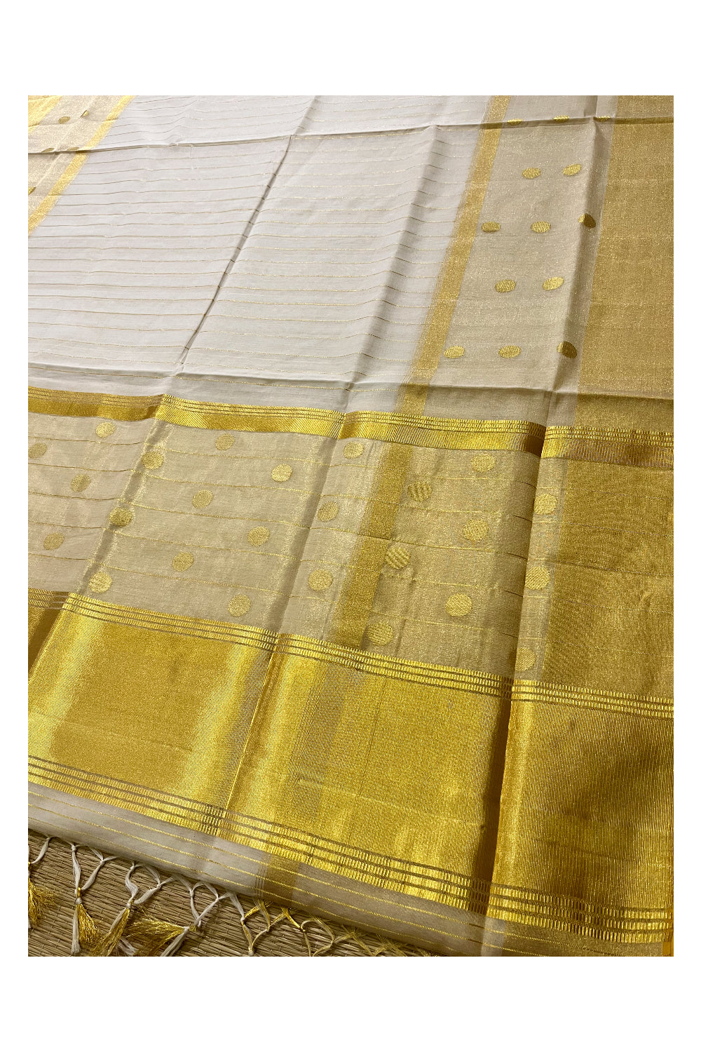 Southloom™ Premium Balaramapuram Handloom Cotton Saree with Kasavu Lines Across Body and Polka Designs on Border