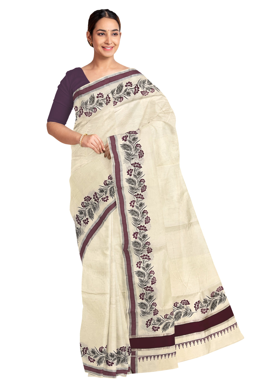 Pure Cotton Kerala Saree with Purple and Black Floral Block Prints and Silver Purple Border