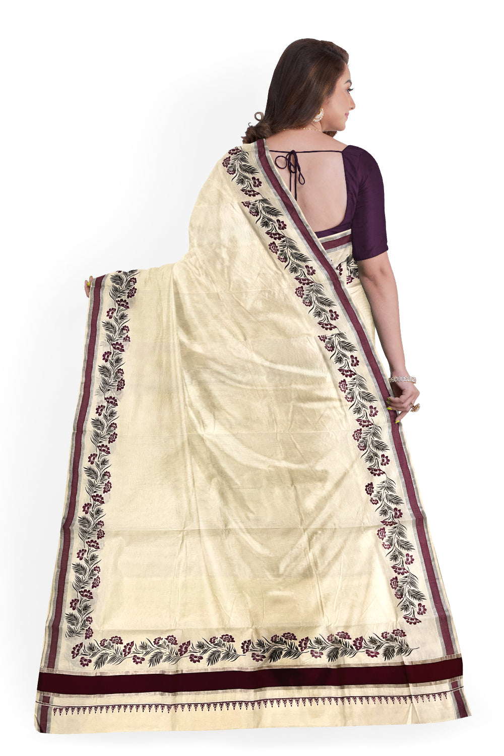 Pure Cotton Kerala Saree with Purple and Black Floral Block Prints and Silver Purple Border