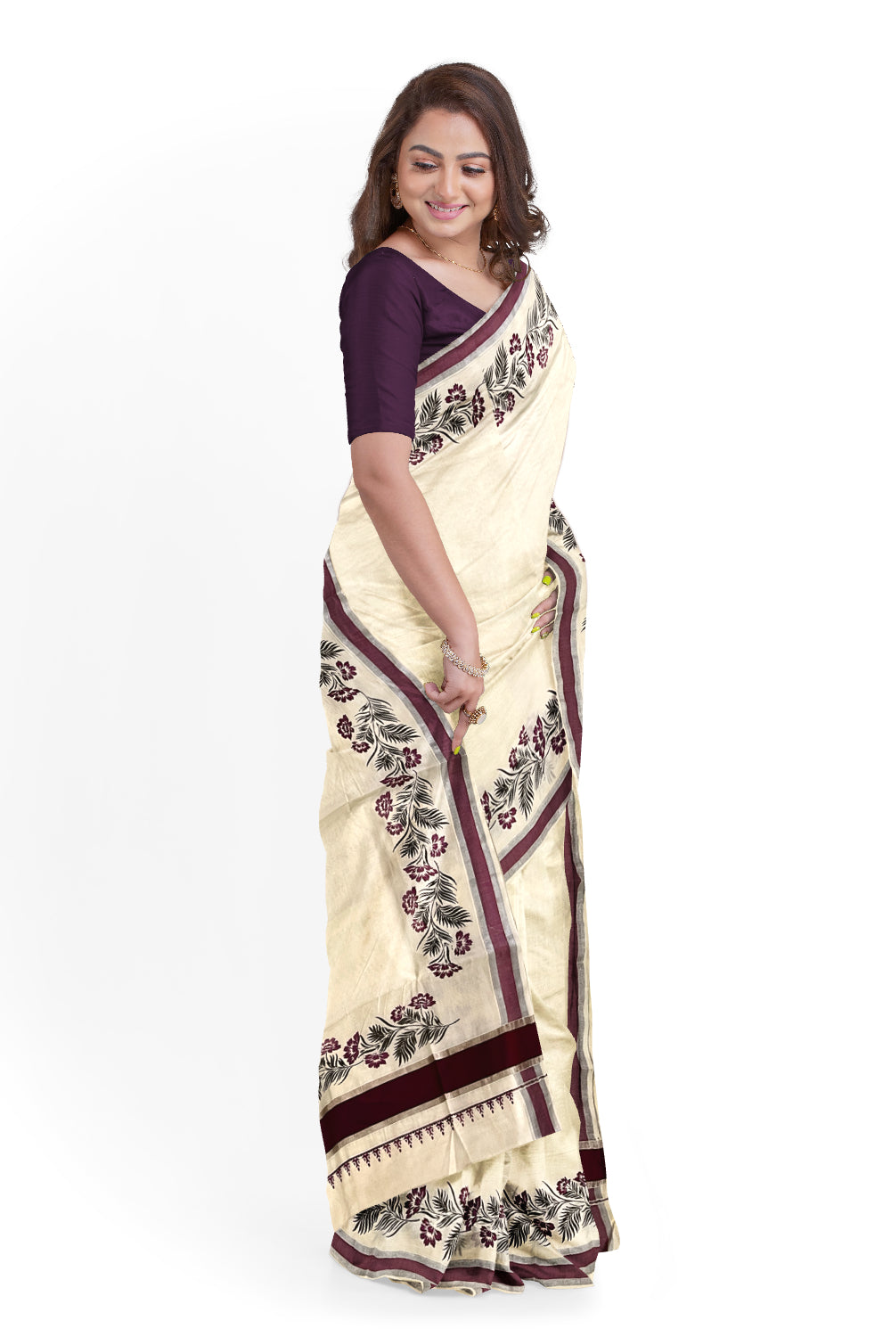 Pure Cotton Kerala Saree with Purple and Black Floral Block Prints and Silver Purple Border