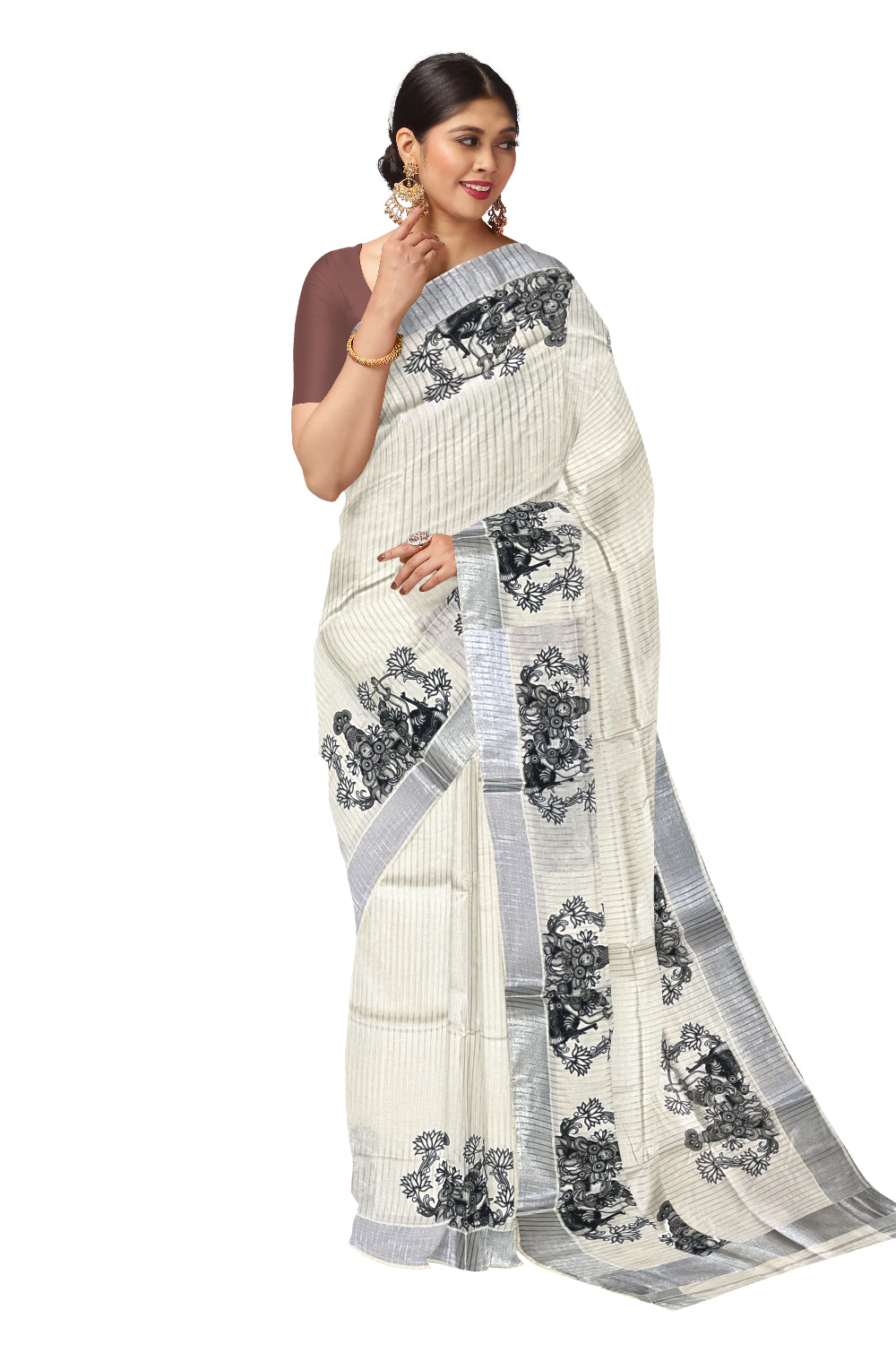 Pure Cotton Kerala Silver Kasavu Lines Design Saree with Krishna Radha Mural Prints (Onam Saree 2023)