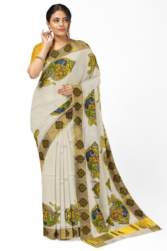Pure Cotton Kerala Kasavu Saree with Krishna Mural Printed Art Design and Printed Border