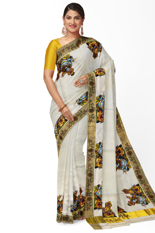 Pure Cotton Kerala Kasavu Saree with Krishna Radha Mural Printed Art Design and Printed Border