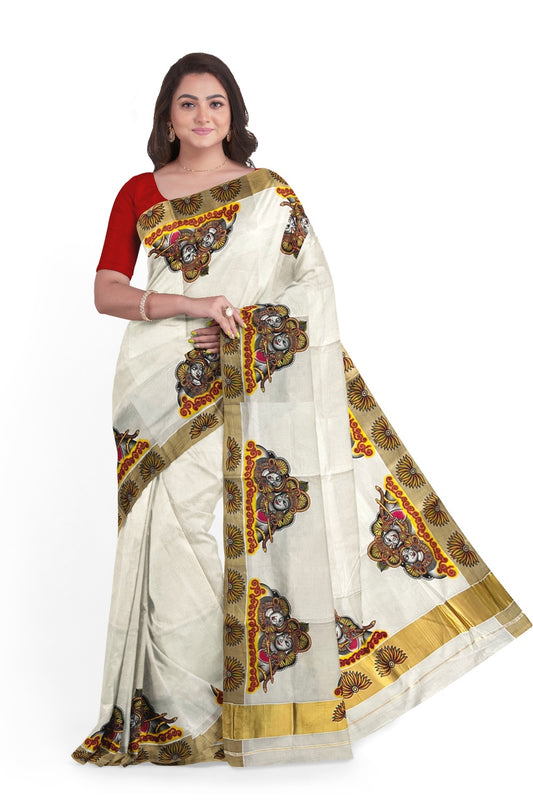 Pure Cotton Kerala Kasavu Saree with Krishna Radha Mural Printed Art Design and Printed Border