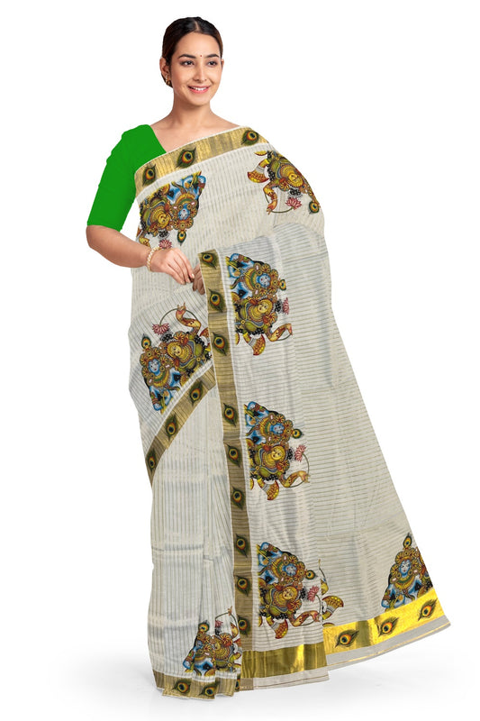 Pure Cotton Kerala Kasavu Lines Design and Krishna Radha Mural Work Saree and Printed Border