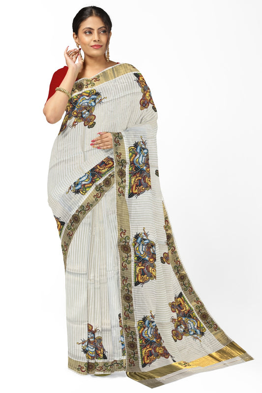 Pure Cotton Kerala Kasavu Lines Design and Krishna Radha Mural Work Saree and Printed Border