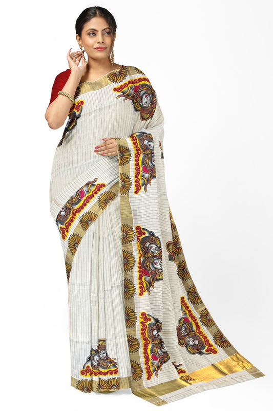 Pure Cotton Kerala Kasavu Lines Design and Krishna Radha Mural Work Saree and Printed Border