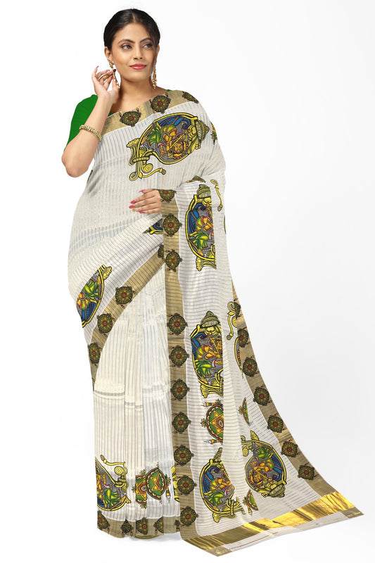 Pure Cotton Kerala Kasavu Lines Design and Krishna Mural Work Saree and Printed Border