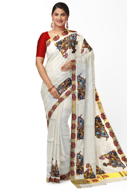 Pure Cotton Kerala Kasavu Lines Design and Krishna Radha Mural Work Saree and Printed Border
