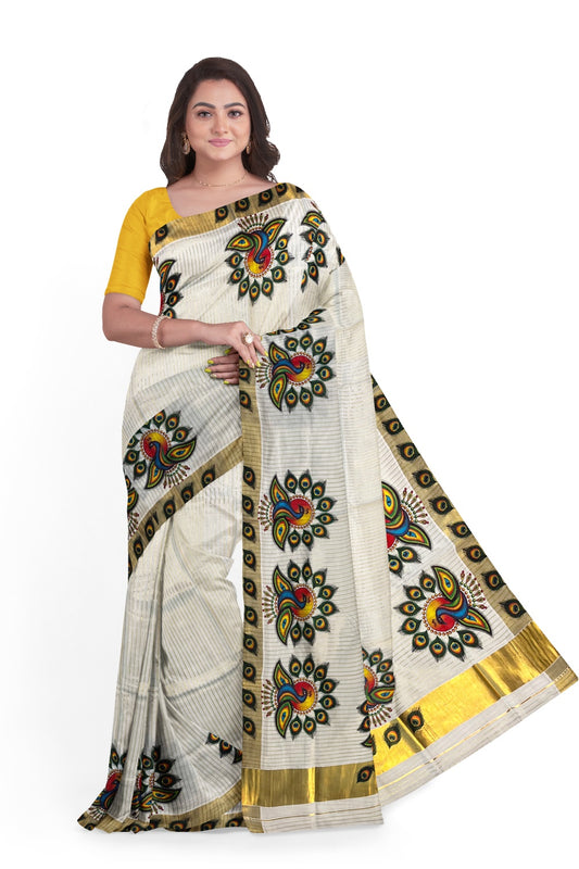 Pure Cotton Kerala Kasavu Lines Design and Mural Work Saree and Printed Border