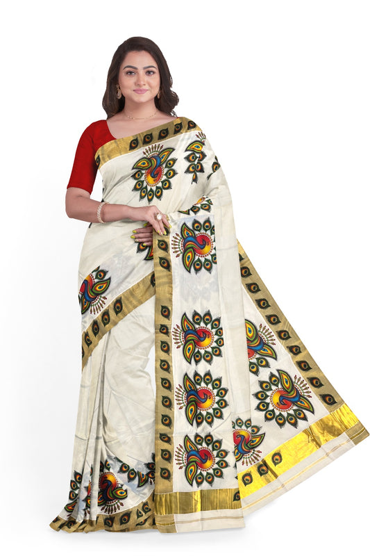 Pure Cotton Kerala Kasavu Saree with Mural Printed Peacock Art Design and Printed Border