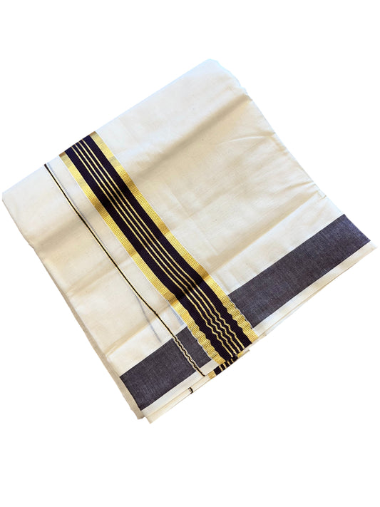 Southloom Pure Cotton Mundu with Gold Kasavu and Dark Purple Border (South Indian Kerala Dhoti)