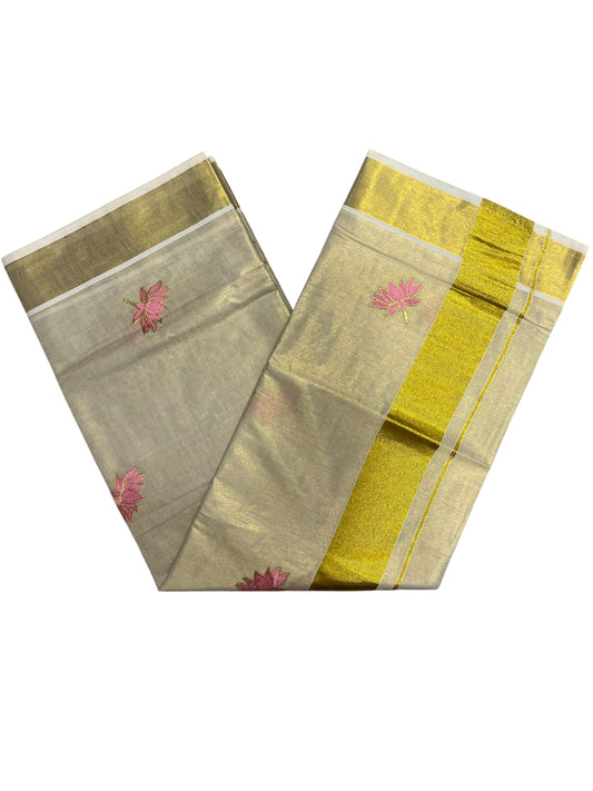 Southloom Tissue Kerala Saree With Lotus Pink and Gold Embroidery