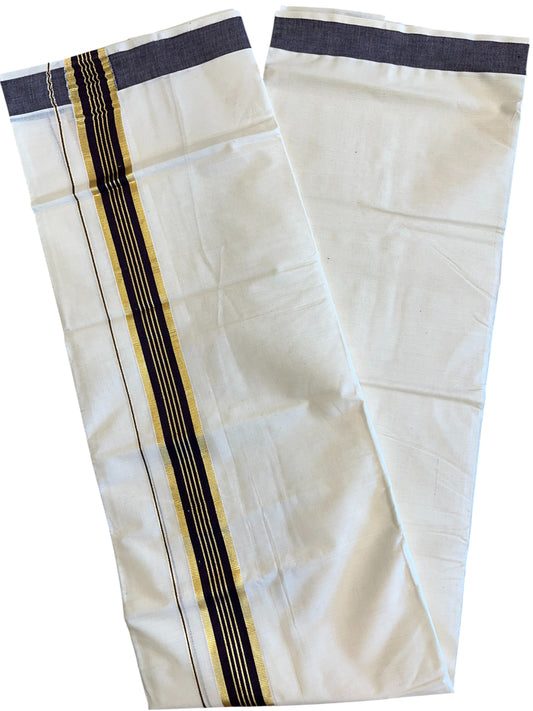 Southloom Pure Cotton Mundu with Gold Kasavu and Dark Purple Border (South Indian Kerala Dhoti)