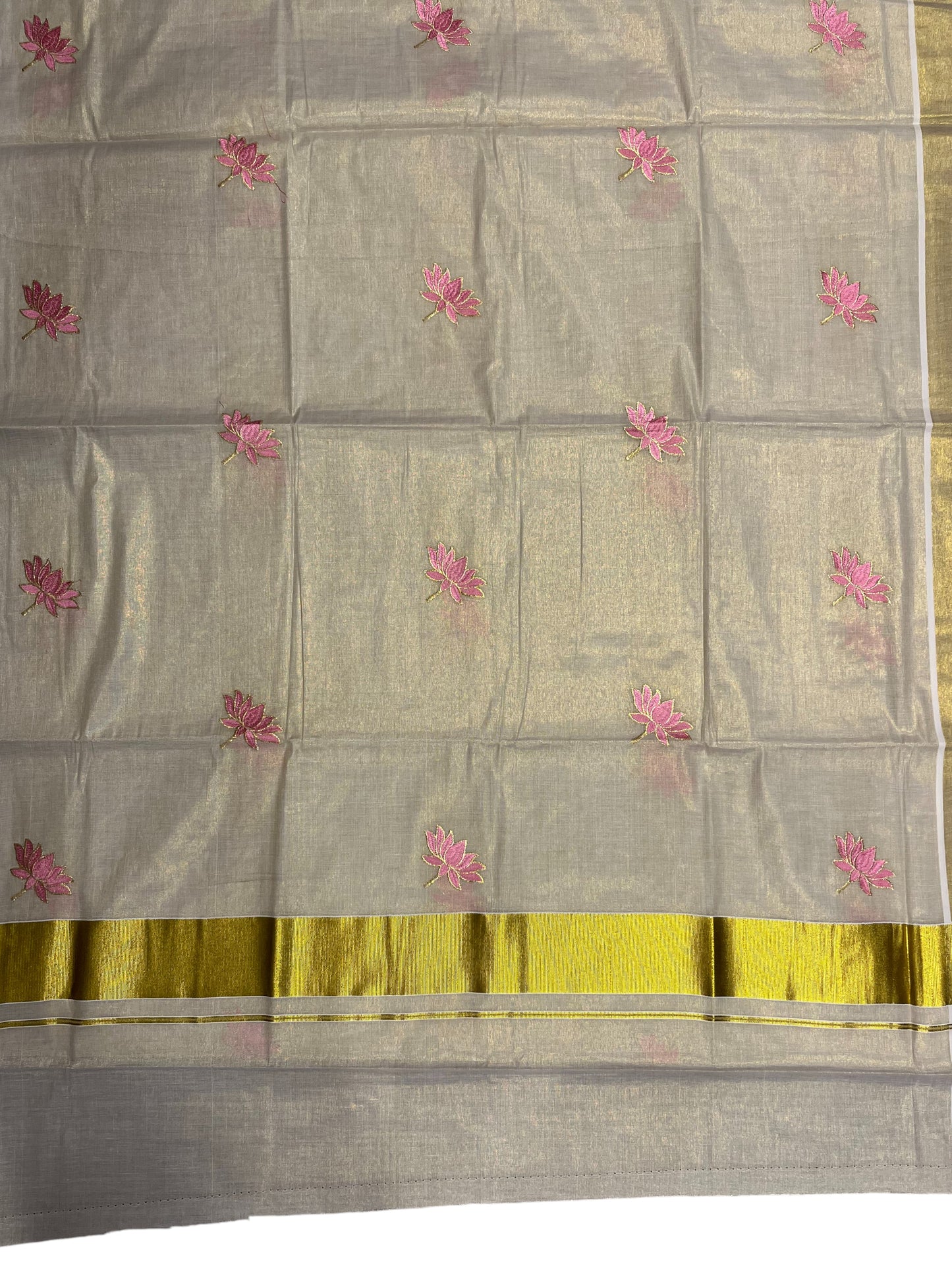 Southloom Tissue Kerala Saree With Lotus Pink and Gold Embroidery