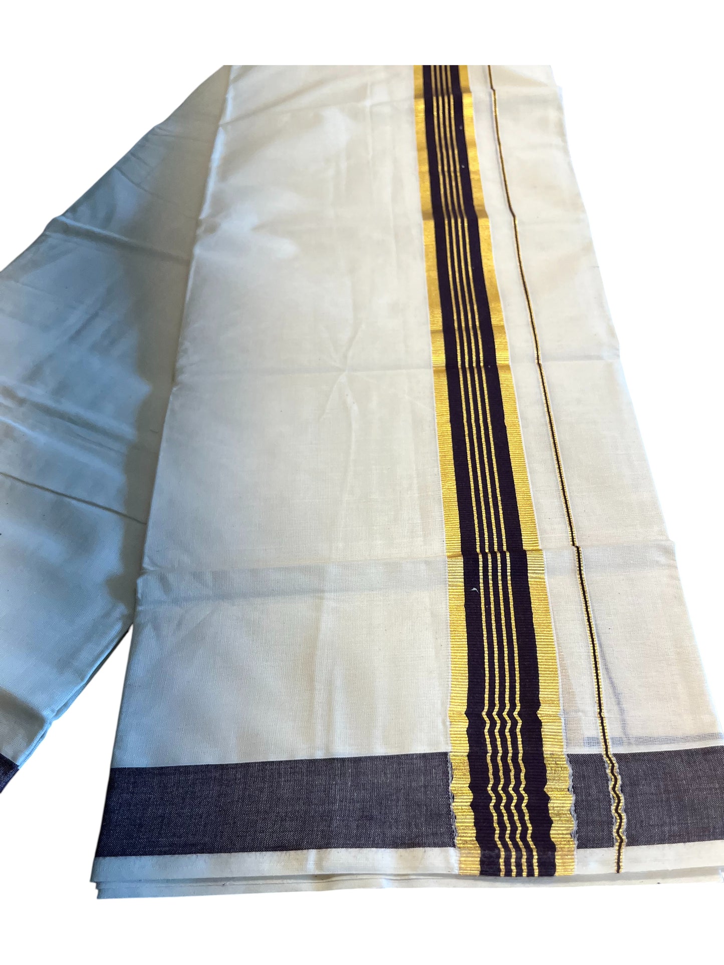 Southloom Pure Cotton Mundu with Gold Kasavu and Dark Purple Border (South Indian Kerala Dhoti)