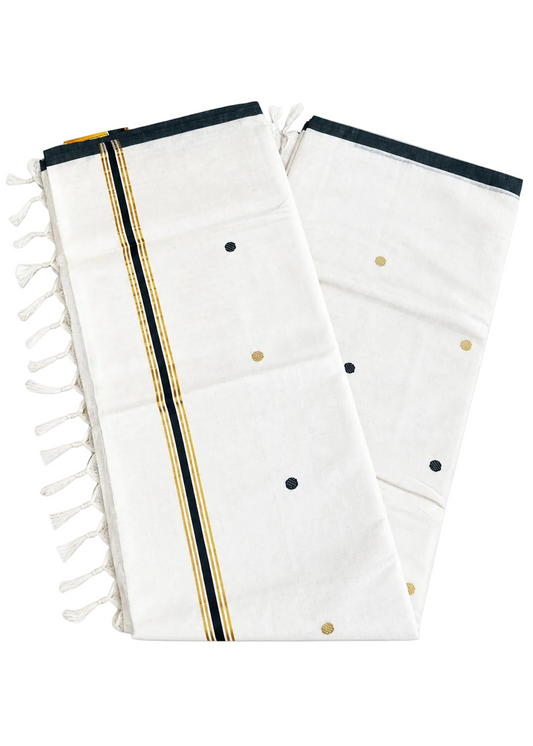 Southloom Kerala Cotton Handloom Saree With Green And Gold Polka Dot On The Body SL629