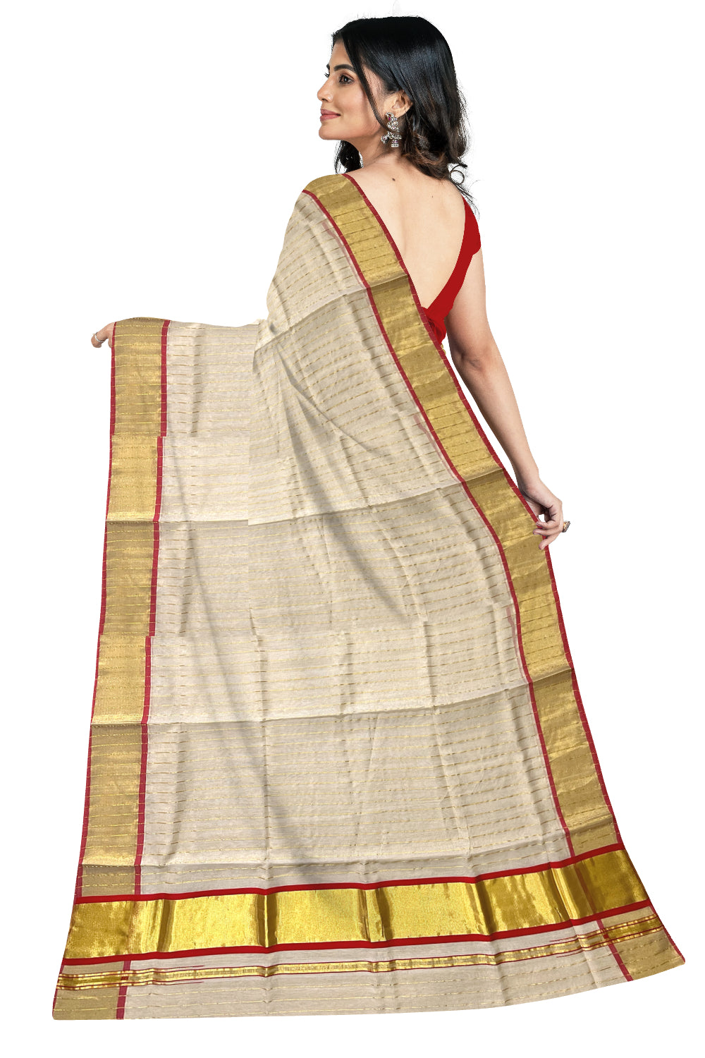 Southloom™ Premium Handloom Tissue Saree with Kasavu Lines Designs Across Body and Orangish Red Border