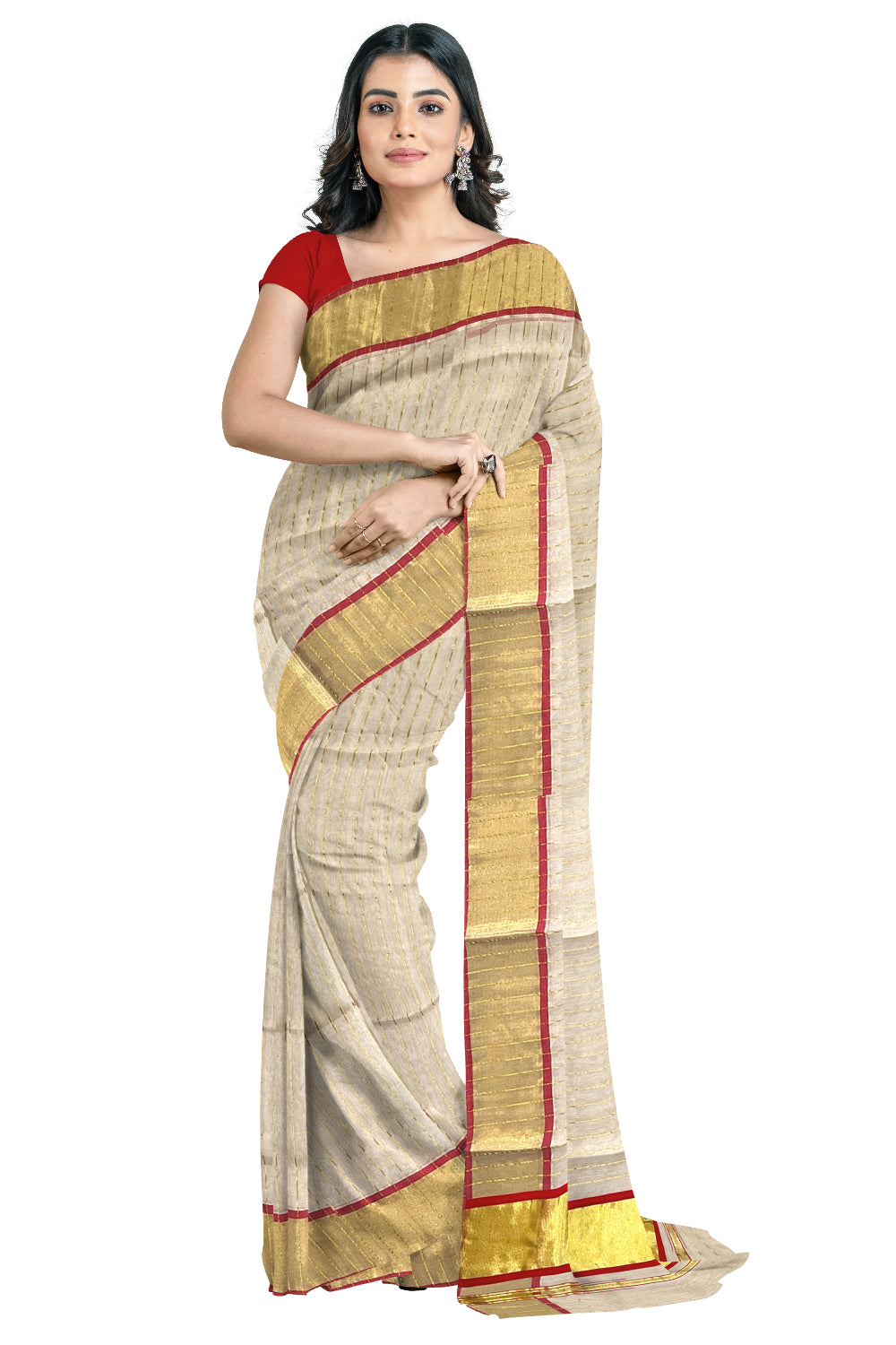 Southloom™ Premium Handloom Tissue Saree with Kasavu Lines Designs Across Body and Orangish Red Border