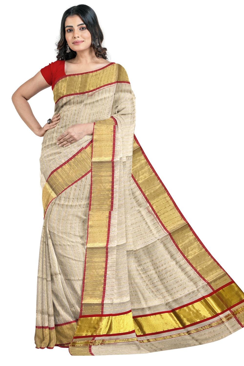 Southloom™ Premium Handloom Tissue Saree with Kasavu Lines Designs Across Body and Orangish Red Border