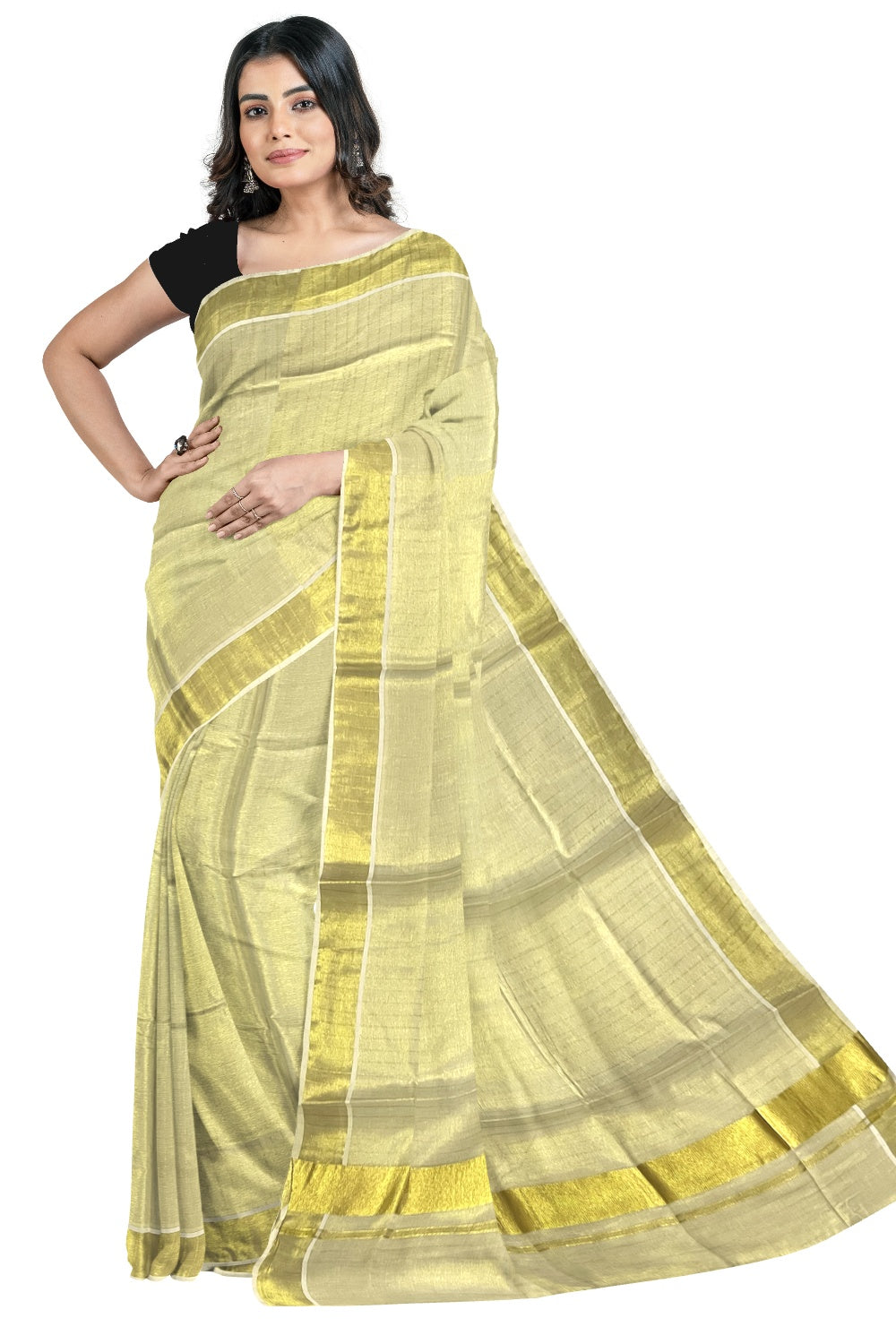 Kerala Tissue Kasavu Lines Design Saree with 3 Inch Border