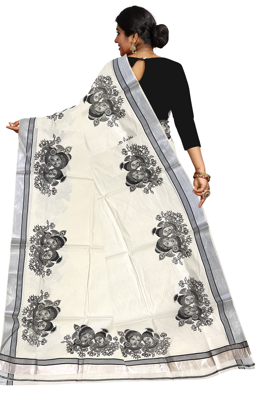 Pure Cotton Kerala Silver Kasavu Saree with Krishna Radha Face Mural Prints and Black Border (Onam Saree 2023)