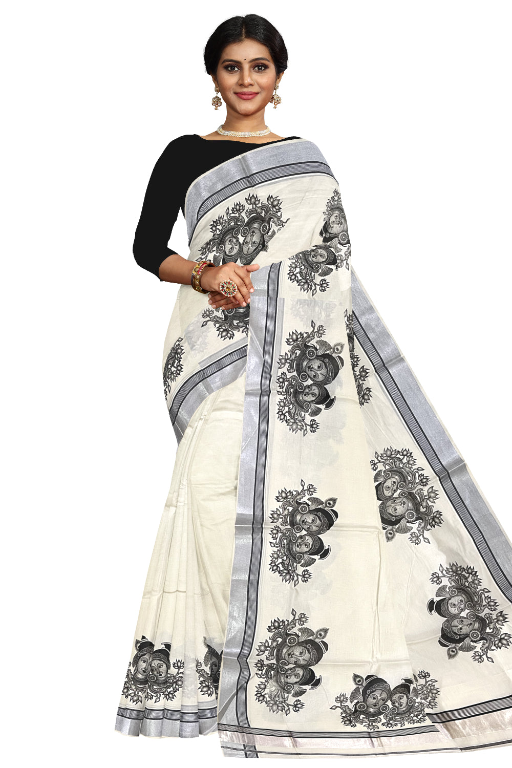 Pure Cotton Kerala Silver Kasavu Saree with Krishna Radha Face Mural Prints and Black Border (Onam Saree 2023)