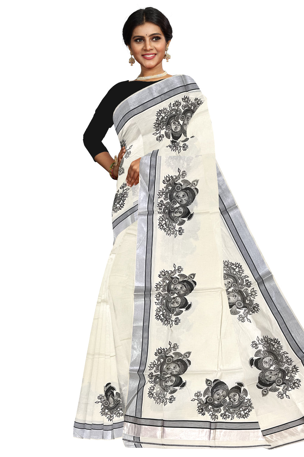 Pure Cotton Kerala Silver Kasavu Saree with Krishna Radha Face Mural Prints and Black Border (Onam Saree 2023)