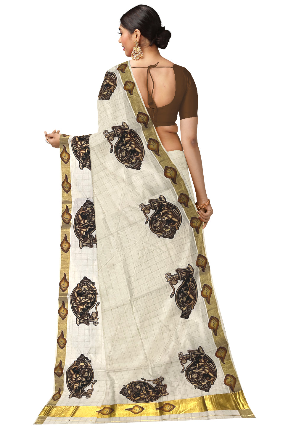 Pure Cotton Kerala Saree with Kasavu Check Design and Krishna on Shell Mural Prints on Body