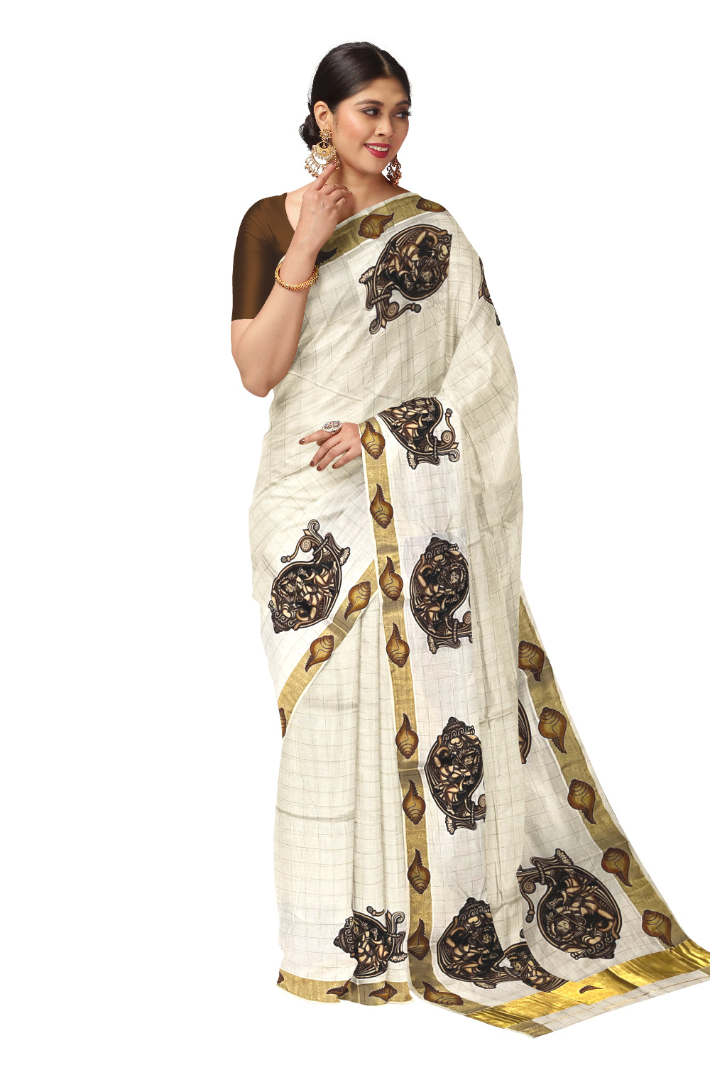 Pure Cotton Kerala Saree with Kasavu Check Design and Krishna on Shell Mural Prints on Body