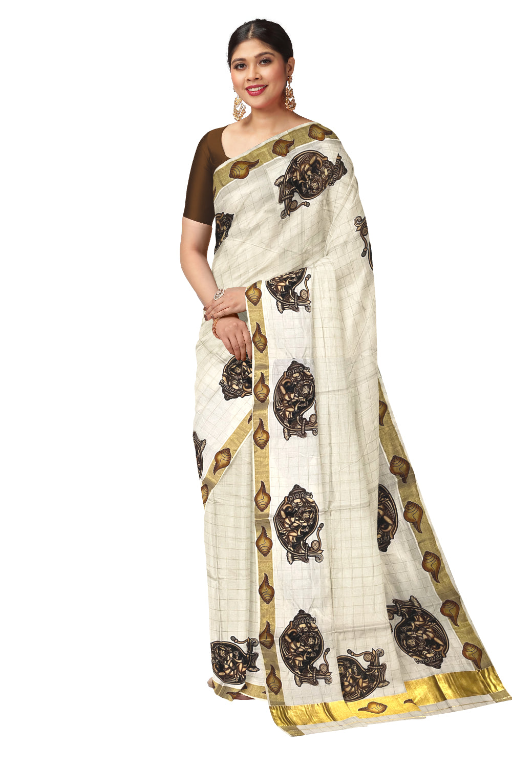 Pure Cotton Kerala Saree with Kasavu Check Design and Krishna on Shell Mural Prints on Body