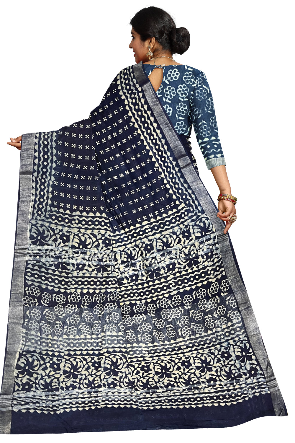 Southloom Linen Dark Blue Saree with Designer Prints on Body