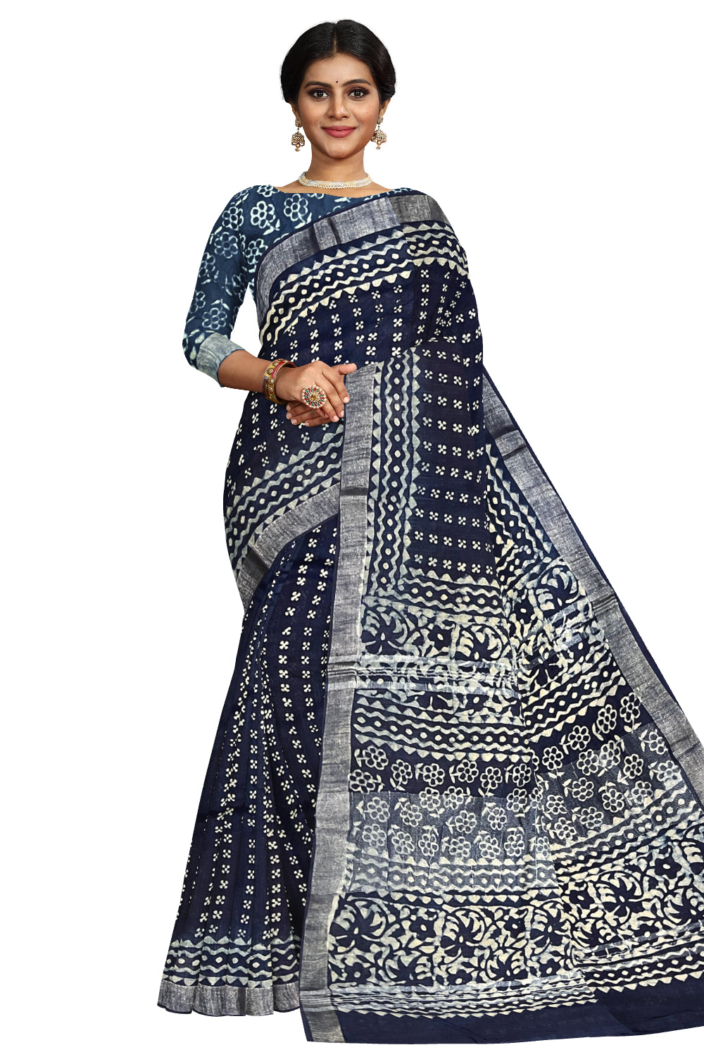 Southloom Linen Dark Blue Saree with Designer Prints on Body