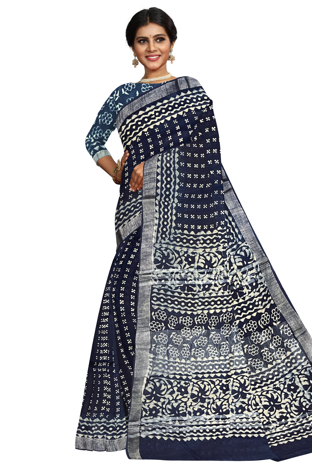 Southloom Linen Dark Blue Saree with Designer Prints on Body