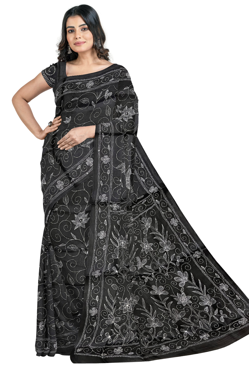 Southloom Kantha Thread Work Designer Black Saree