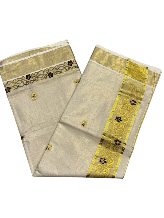 Southloom Kerala Tissue Kasavu Saree with Golden Embroidery Work on Body