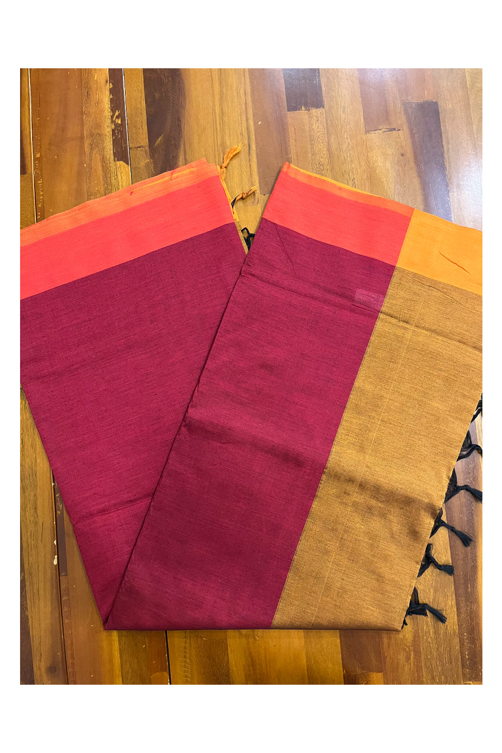 Southloom Cotton Maroon Plain Saree with Light Brown on Pallu