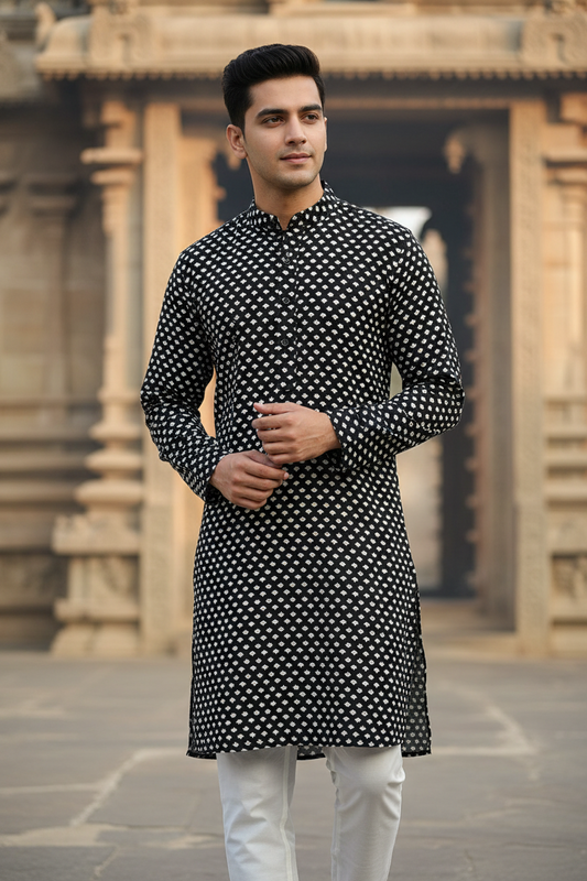 Southloom Semi Silk Short Kurta for Men in Black Colour