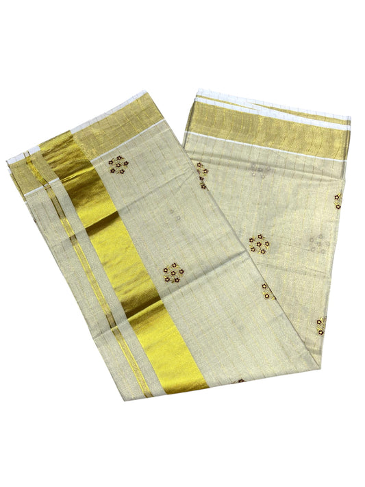 Southloom Kerala Tissue Kasavu Lines Saree with Maroon Floral Embroidery Design on Body